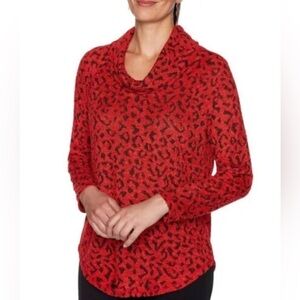 NWOT Ruby Rd Size M Women's Textured Leopard Printed Cowl Neck Sweater Red Black